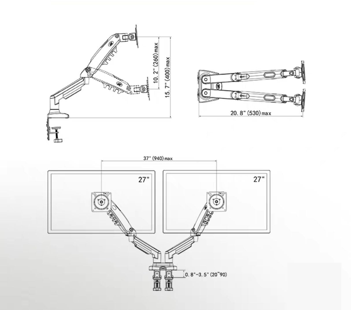 Supporto doppio monitor per 2 monitor, braccio regolabile con molla a gas Full Motion, schermi da 10-27", 2-9 kg per braccio, inclinazione, rotazione, altezza regolabile