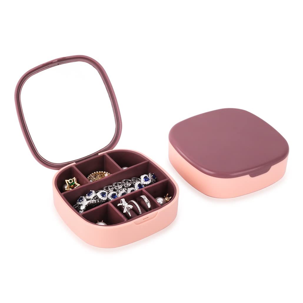 iSuperb iSuperb Joyero de Viaje Mujer Personalizado, Joyero con Espejo Pequeño, Caja Anillo Organizadora de Joyas Estuche Regalo para Joyero Traval Jewelry Box para Pendiente Collar Pulsera (Rosa+ Morado)