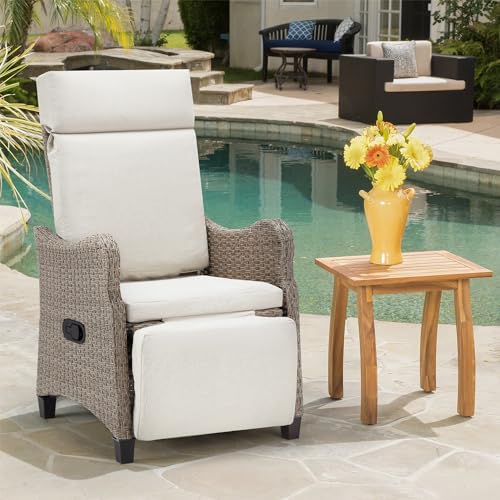 HOMREST Outdoor Recliner Chair for Patio, Wicker Reclining Chair with Adjustable Backrest up to 150°, Rattan Armchair with Integrated Footrest & Removable Cushion for Garden, Light Gray
