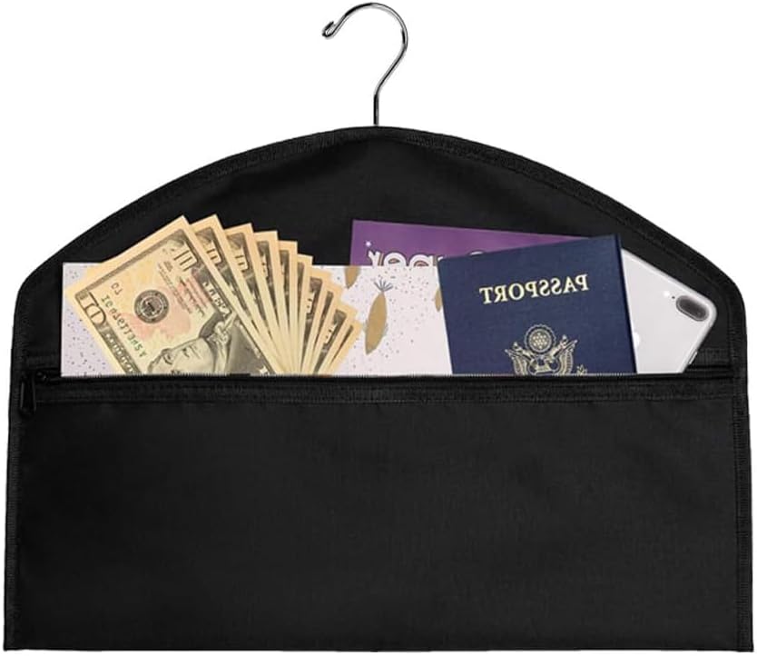 YELAIYEHAO 2 pcs Hanger Diversion Safe Hidden Pocket Safe, Fits Under Hanging Clothes with Pocket to Hide Valuables (black, 1 pc)