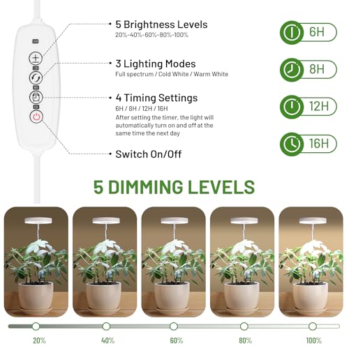 Image of LBW Grow Light for Indoor Plants, Height Adjustable Plant Grow Lamp with Auto On /Off Timer 6 /8 /12 /16H, 3 Colors,5 Dimmable Brightness, for Small Plants, White, 2 Packs