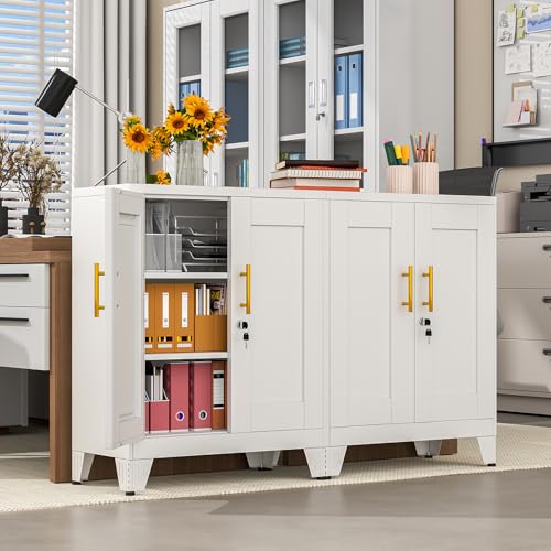Image of pozdeg 35.43 inch Lockable Metal Storage Cabinet, Steel Office Locker, White | File Cabinet with 2 Doors and 2 Adjustable Shelves, Rolling Steel Tool Garage Cabinets for Home Office