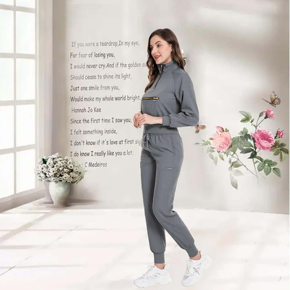 niaahinn Scrub Set with Long Sleeve for Women Scrub Top & Jogger Scrub Pants Medical Working Uniforms with Pockets