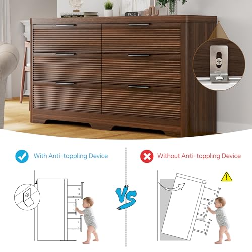 Image of FUSUNBAO Fluted 6 Drawer Dresser, Modern Wood Dresser for Bedroom,TV Stand,Thickened Curved Profile Design,Bedroom,Entryway,Wood Drawer Organizer (Dark Walnut)