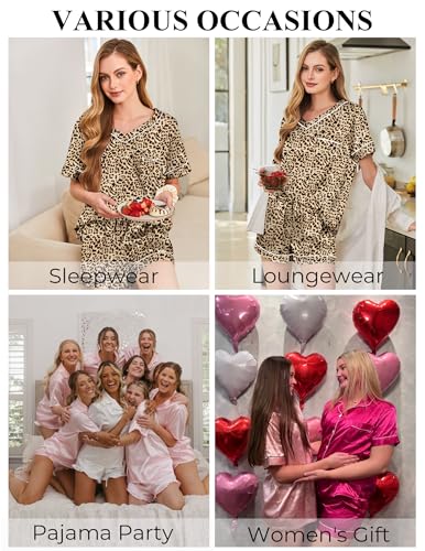 Image of Silk Pajamas for Women Short Sleeve Satin 2 Piece Pj Set Soft V Neck Sleepwear Loungewear, S-XXL