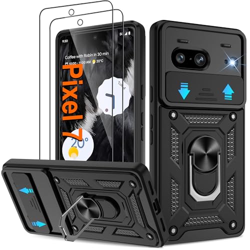 Pilaru Shockproof Case for Pixel 7 Military-Grade Drop Proof Dual-Layer Protective with Camera Slide Cover | Precision Hole Built-in Kickstand & 2 Screen Protectors for Google Pixel 7 Black