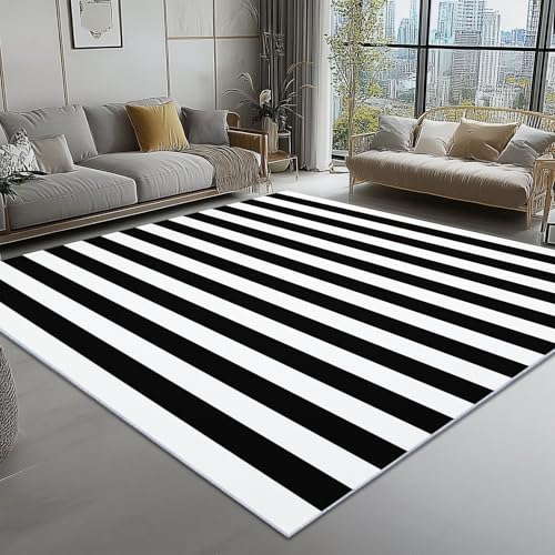 Alfombra de área En Blanco y Negro, para la decoración del Pasillo Alfombras 120 x 180 cm Interiores Antideslizantes Alfombras Simple Rayas Pelo Corto Lavables Alfombras de Sala de Estar