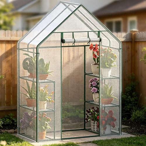 Oumefar Warmes Gewächshaus, 143 x 73 x 195 cm Tragbares Gartengewächshaus PVC Korrosionsbeständig Warmes Gewächshaus Blumenpflanzen Gartenarbeit im Freien Für Zimmerpflanzen 14 Verdego Gewächshaus 143 x 73 x 195 cm, Foliengewächshaus mit 3 Ebenen, Aufrollbare Tür, PE Gitterfolie, Tomatengewächshaus Winterfest Wetterfest UV-Beständig, Tomatenhaus Garten, Balkon, Weiß