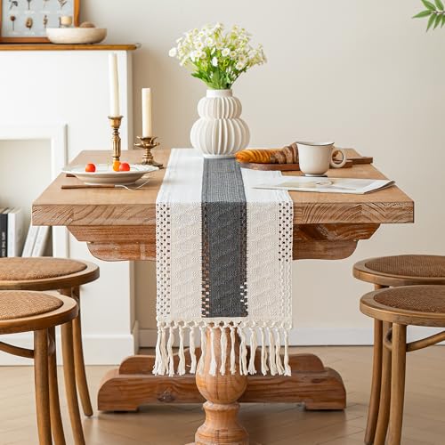 Image of FEXIA Boho Table Runner for Summer Home Decor with Tassels 72 Inches Long Farmhouse Grey Rustic Burlap Table Runner Macrame Table Decoration for Kitchen Bedroom Living Room (12x72 Inches)