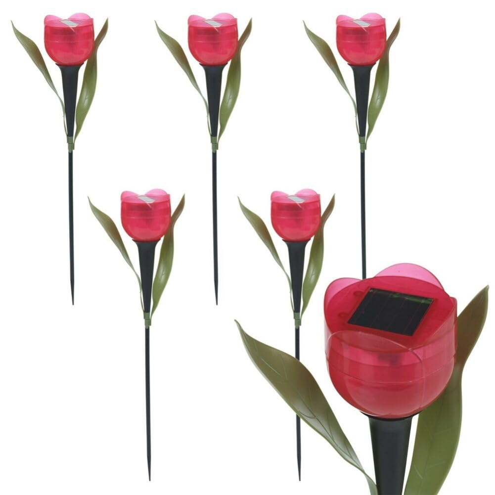 anso 6pcs Garden Tulip Flower Shape LED Solar Powered Lights Outdoor Yard Standing Decors (Red)