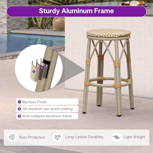 Image of PURPLE LEAF Patio Round Counter Height Stool Set of 2 Outdoor Backless Barstools Aluminum Frame in Champagne Finish with Amber & White Woven Rattan for Indoor Kitchen Dining Bistros Cafe Restaurant