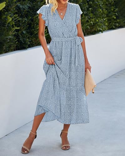 Image of BTFBM Women Summer Bohemian Floral Casual Wrap V Neck Ruffle Cap Sleeveless Belt A-Line Pleated Hem Midi Sun Dress White