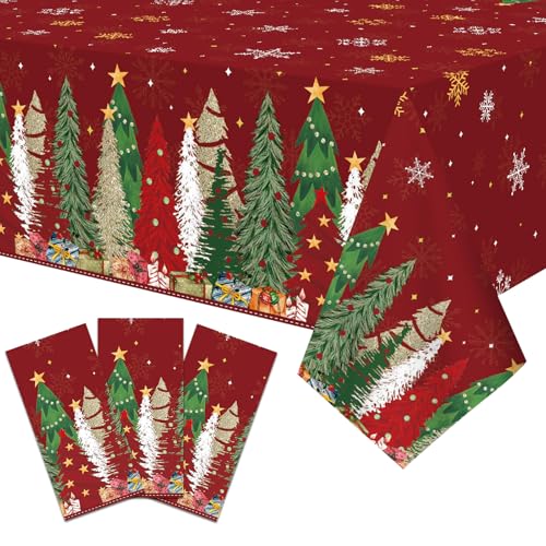 Image of Gistome 3-Piece 54 x 108 Inch Christmas Tree Plastic Tablecloth - Holiday Disposable Red and Green Table Cover for Christmas Dinners, Winter Parties, and Indoor Outdoor Decorations