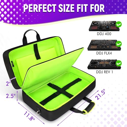 SNIGJAT DJ Controller Case for DDJ-FLX4/ DJ 400/ DDJ-REV1, Padded DJ Controller Bag with 5 Pockets for Laptop, Headphones, Cables, DJ Carrying Case with Adjustable Shoulder Strap, 21.5\"x11.8\"x2.5\"