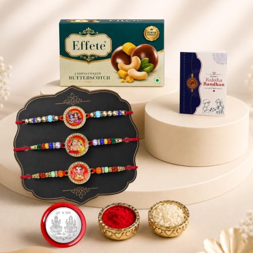 Image of DeoDap Rakhi with Chocolate for Brother - Mix Design Round Shape Colorful Stylish Rakhi 3 Pc with Butter Scotch Nuts Chocolate 32gms, Silver Color Coin, Greeting Card & Tilak Set - Tradtional Raksha Bandhan Combo