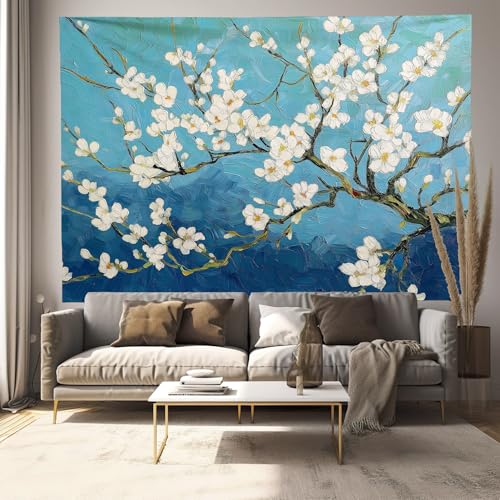 ALTCIRNMD Wandteppich Creme Mandelbaum 130X150Cm Wall Tapestry Art Print Stoff Wandtuch, Vintage Ölgemälde Wandbehang Tapisserie Für Wohnzimmer Schlafzimmer Wanddeko Wandposter Auch Als Picknickdecke