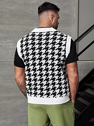 Oyoangle Men's Plus Size V Neck Sleeveless Houndstooth Colorblock Loose Fit Pullover Sweater Vest Knitwear Top Black And White 3Xl #TOP1