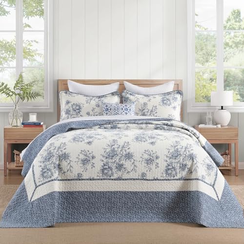 SOElinens Oversized Queen Bedspread 102x120 - Botanical Floral Farmhouse Reversible Oversized Queen Quilt Set, 3-Piece Lightweight Thin Comforter Coverlet Set, 100% Cotton, Blue/Off White by SOElinens - Used condition - Image 4
