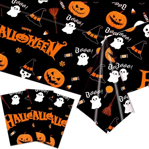 CAVETEE Halloween Tablecloth Set, 3 - Pack Party Decorations Table Covers with Pumpkin Ghost Pattern, Perfect for Halloween Party Supplies (Black)