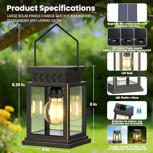 2 Pack Farmhouse Solar Lanterns ,Glass Solar Lights Bulb ,Outdoor Waterproof Upgraded Solar and 2 AA Batteries Powered, for Outside Porch, Patio and Indoor Tables, Mantelpiece. by AYTPU - Used condition - Image 6