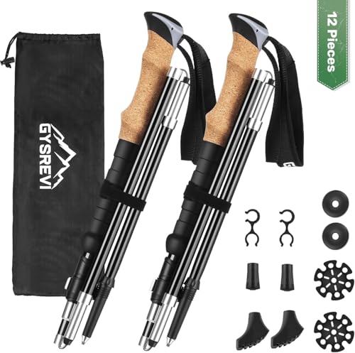 Gysrevi Bâton de Marche Pliable, Bâtons de Randonnée avec poignée en liège, pour Randonnée, Camping, Ski, Réglables 108-135cm, 2 PCS