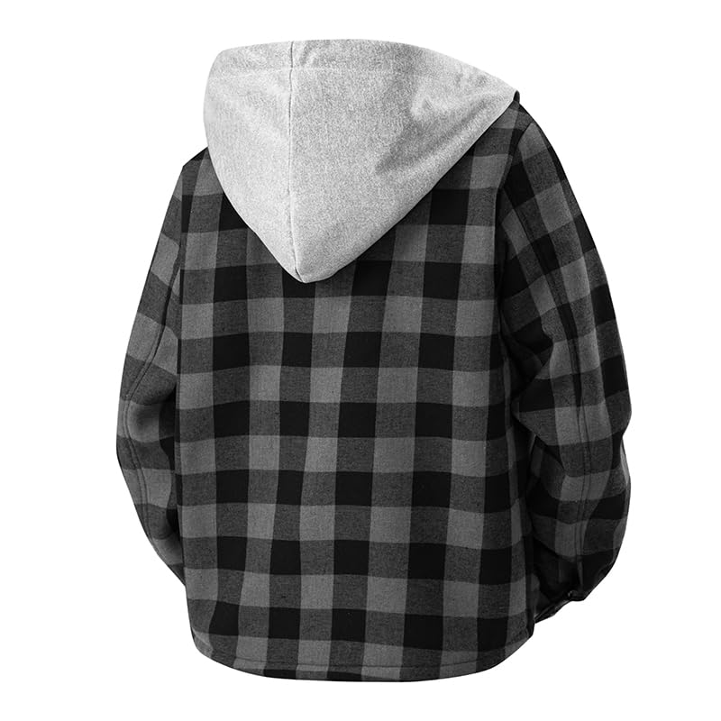 Teen Hooded Jacket, Fleece-Lined Warm Black-Gray/Black-Red Plaid Polyester Coat2