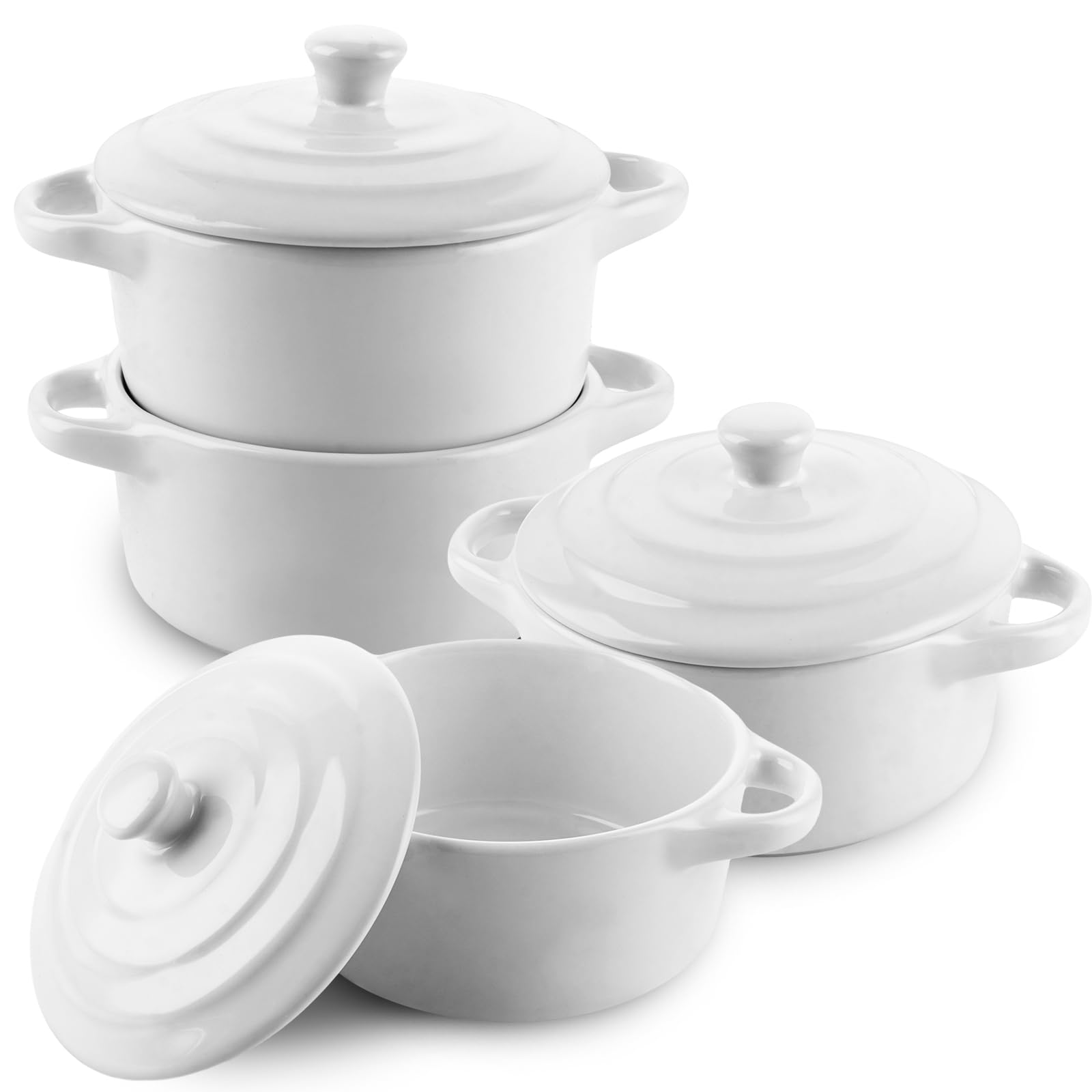 APACALI Lot de 4 mini cocottes avec couvercle, petits ramequins en porcelaine avec poignées, pour lasagnes, soufflé, four, micro-ondes et lave-vaisselle
