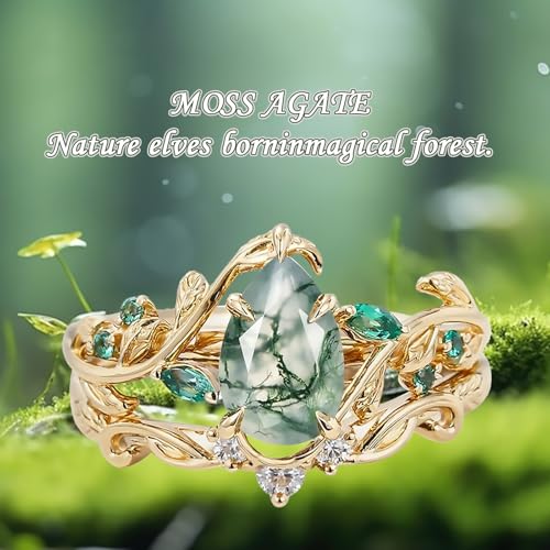 Pear Cut Moss Agate Ring Set for Women Anniversary Ring 925 Sterling Silver/K Gold Couples Promise Rings Vintage Unique Women Jewelry Gift for Your Lover or Mother3