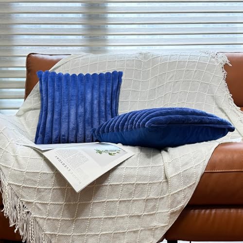 24x24 Pillow Covers, Decorative Faux Fur Throw Pillow Covers for Couch, Sofa Soft Fluffy Pillow Cover with Velvet Back for Living Room, Neutral Home Décor Accent for Bed - Blue