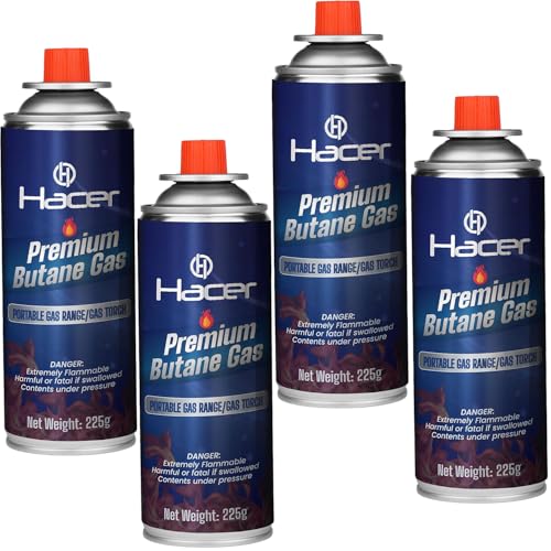Hacer 4 x 225g Pure Butane Gas Cartridges for Camping Stove, Portable High Pressure Refill Fuel for Welding Torch, Fogging...