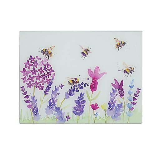 Tabla de cortar de cristal templado lavanda y abejas floral naturaleza acuarela flores