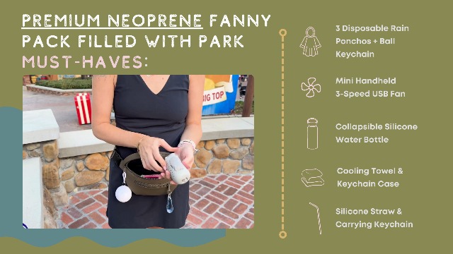 Maxie & Nova Theme Park Essentials Fanny Pack & Handheld USB Fan, Collapsible Water Bottle, Rain Ponchos, Cooling Towel, & Silicone Straw Keychain - Hiking, Concerts, Cruises, Sporting Events (Black - View #4