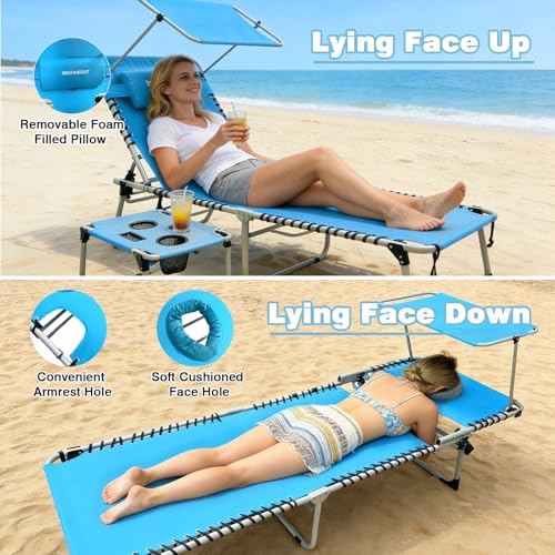 WKFAMOUT Outdoor Tanning Chair with Sun Canopy Shade & Face Hole, Folding Lounge Chair with Beach Table and Carry Bag for Poolside Sunbathing Lawn by WKFAMOUT - Used condition - Image 6