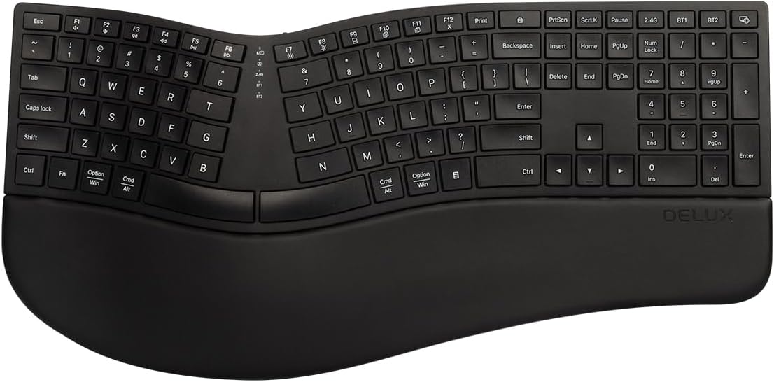 DeLUX Full Size Wireless Ergonomic Keyboard with Palm Rest, Ultra-Thin Split Keyboard, Bluetooth and 2.4G Connection, Rechargeable Battery, Natural Typing (GM909-Black)