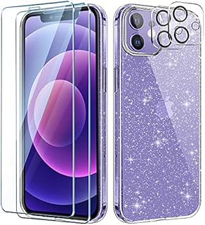 AROYI Clear Glitter Case Compatible with iPhone 12 mini 5.4-inch Case with 2 Pack Tempered Glass Screen Protector and 2 Pack Camera Lens Protector, Soft Bumper Anti-Scratch Transparent Sparkle Cover