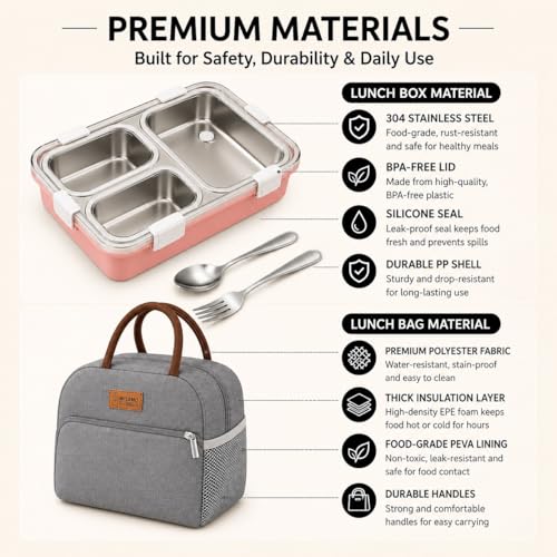 Image of MISAMO ENTERPRISELunch Box with Insulated Lunch Bag Combo, 3 Compartment Stainless Steel Lunch Box with Spoon & Fork, Leak Proof Food Container for School, Office & Travel (Grey Bag+Pink Lunch Box)
