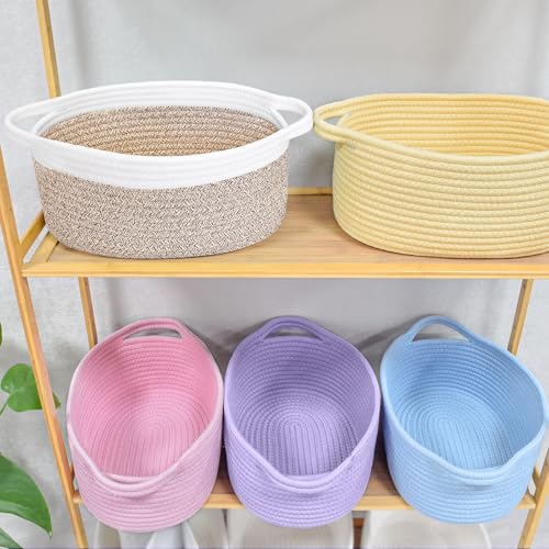 Image of ABenkle Small Basket with Handles, Boho Decorative Rope Woven Dog Cat Toy Storage Bin Shelf Storage Organizer, Easter Christmas Gift Basket, 12 inchx8 inchx5 inch, Mixed Brown