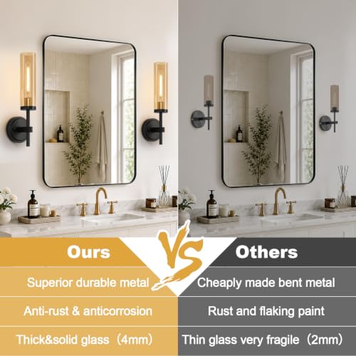 Image of MOKATNG Hardwired Wall Sconces Set of Two, Black and Gold Bathroom Sconces with Amber Glass, Modern Wall Light Fixtures for Bathroom Mirror Vanity, Living Room, Hallway, Stairway, Cabinet, Foyer