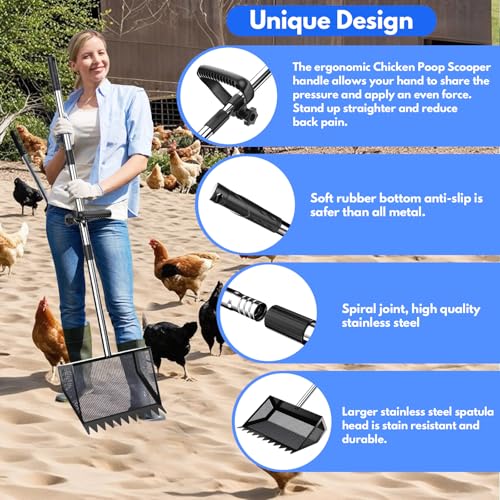 Image of VEEMI Chicken Poop Scooper Rake 2-in-1,304 Stainless Steel Shovel Head, Chicken Litter Scoop with Handle for Chicken Coop for Sand, Pet Waste Cleaning, Litter Sifting Shovel (35 to 65 inch) | Chicken Poop Scooper