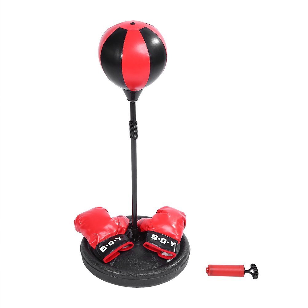 Yosoo El Profesional Conjunto de Peras de Velocidad para Adultos y Niños, con Guantes de Juego de Boxeo y Soporte Altura Ajustable (Rojo y Negro para Niños, Altura Ajustable 70-105 cm)
