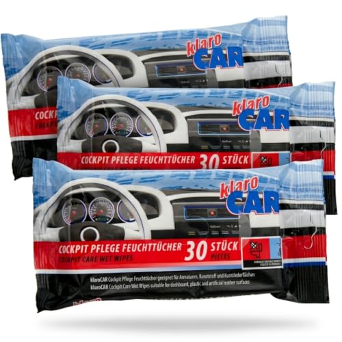 klaroCAR | 3er Pack Cockpit Pflege Feuchttücher | 90 Stück | für Armaturen Kunststoff und Kunstleder | Für eine schonende schnelle und gründliche Reinigung des Auto - Innenraums