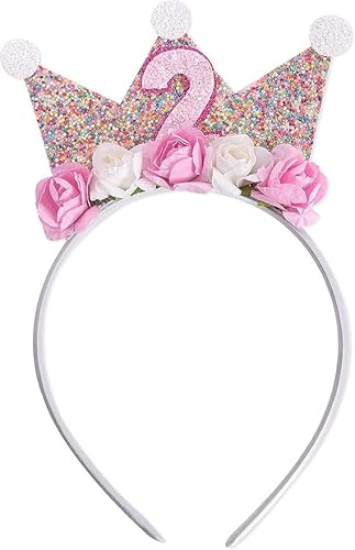 BrambleCo Birthday Crown Headband for Girl – Glitter Flower Princess Tiara Hair Accessory – Ideal for 2nd Birthday Decorations for Girls and Party Celebrations – Great Gift Toys for 2 Year Old Girls