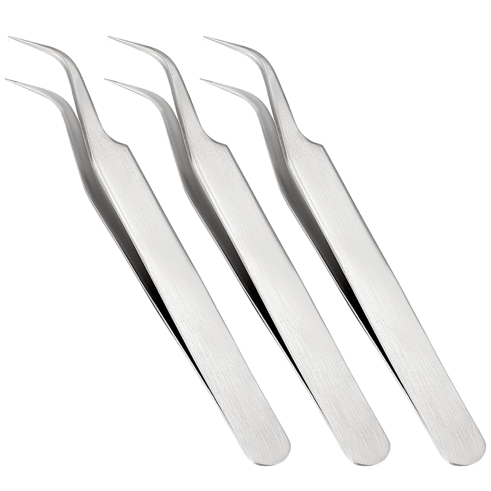 3Pcs Curved Tip Tweezers 4.8" Stainless Steel Fine Point Precision Non-Serrated Splinter Elbow Tweezer Eagle Beak Jewelry Making Tweezer Pliers for Soldering Sewing Beading Model Craft