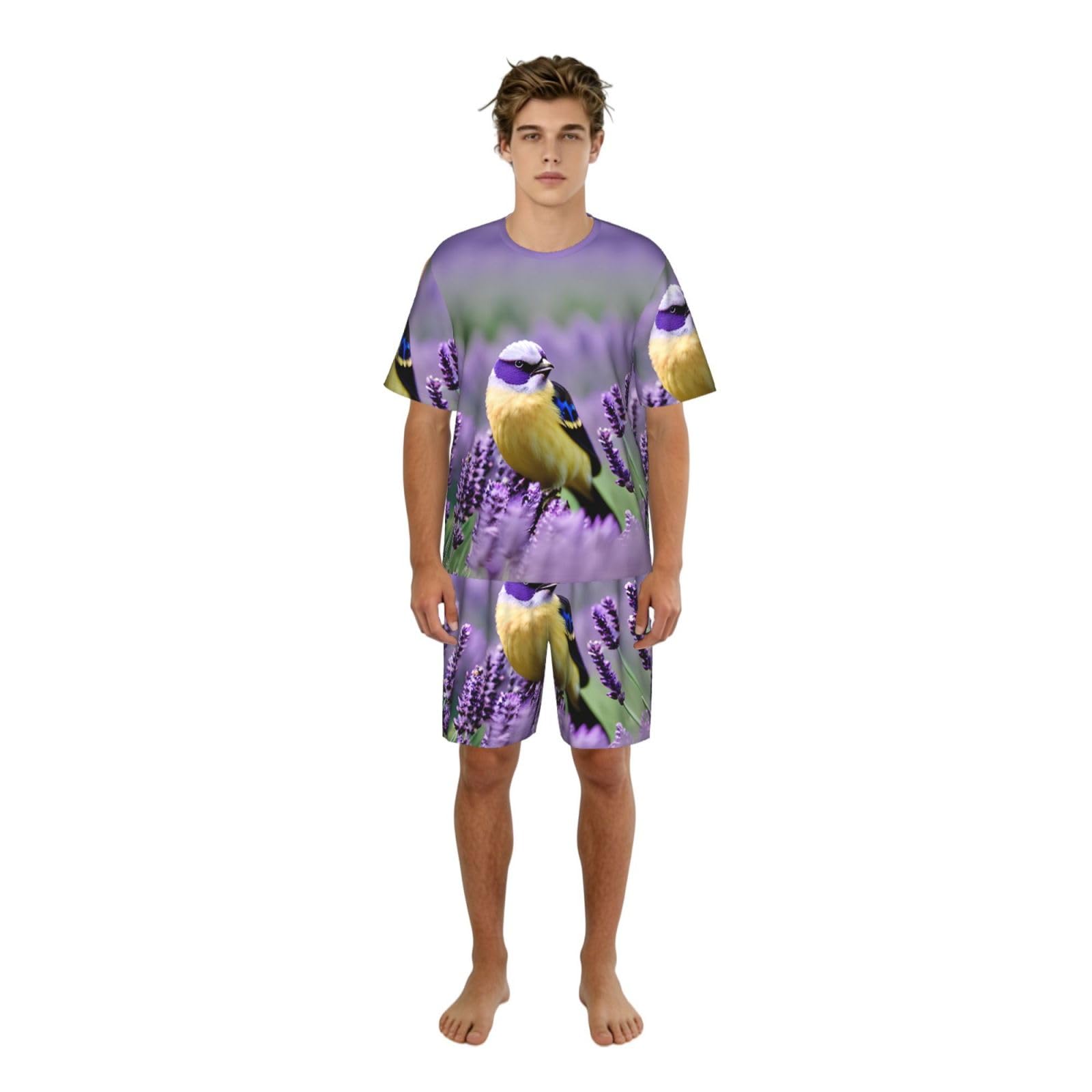 Conjunto de pijama clásico con estampado de flores florales de lavanda púrpura para hombre, pantalones cortos de pijama suaves para hombre, perfecto para las noches de verano