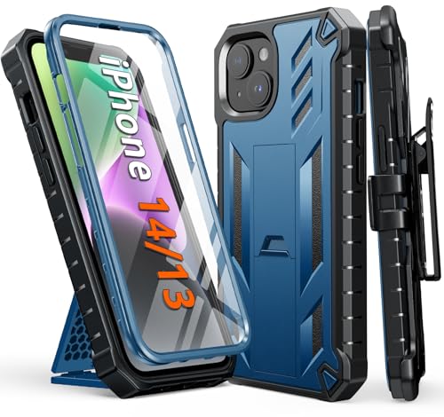 FNTCASE for iPhone 14/13 Case : with Belt-Clip Holster & Kickstand - Heavy Duty Military Grade Protection Cover Shockproof TPU Phone Shell Durable Rugged Full Protective Phonecase - 6.1 inch Blue