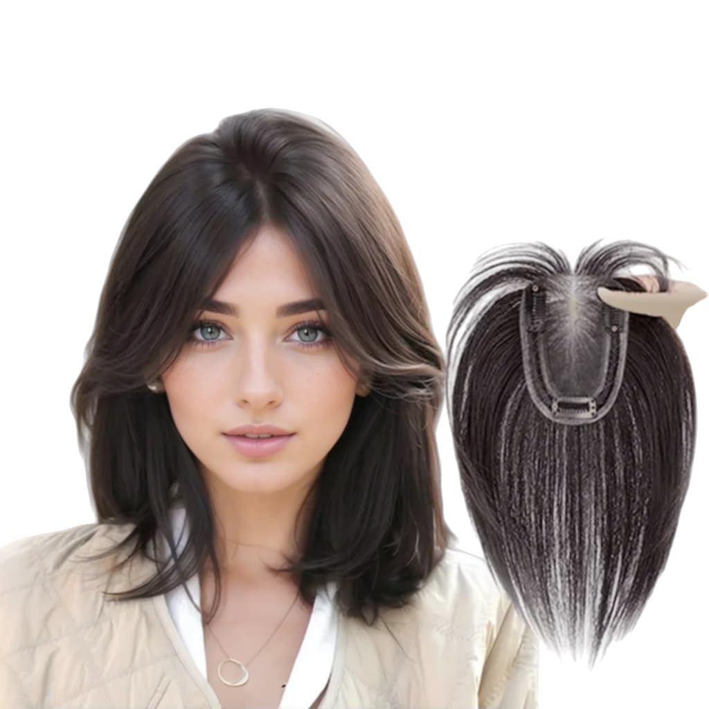 Anemone Borderless Design Lace Human Hair Toppers for Women Clips in False Bangs Fluffy Fringe Hairpiece For Cover Thinning Grey Hair (U 8 * 10 Black Mid Bangs)