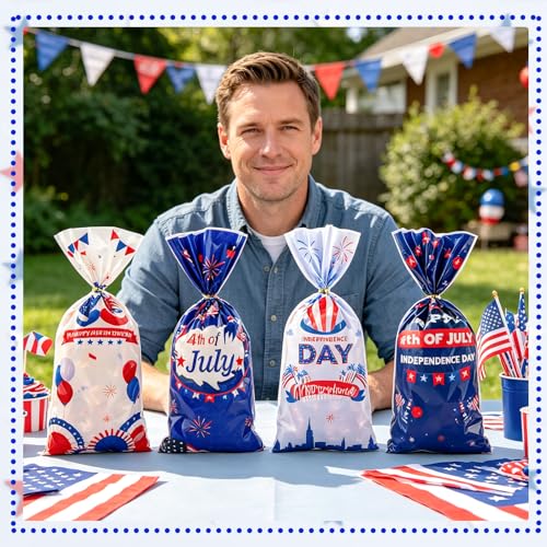 LERCTH 50 PCS 4th of July Gift Bags with Twist Ties - 4.9x10.7 Inch Cellophane Treat Bags,Independence Day & Patriotic Party Favor Bags for Memorial Day, Labor Day, Summer BBQ, Patriotic Party Supplies — view 6