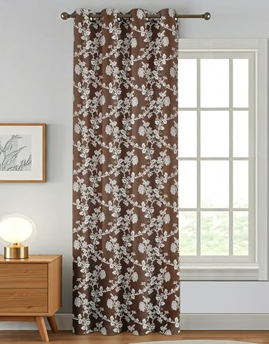 Image of FRESH FROM LOOM Heavy Jari Jacquard Premium Luxury Room Curtain 8 Feet Long Door & Window | Floral Pattern | Light Blocking 80% Semi Blackout | Ring Top | Fade Resistant Parda (8ft, Brown, 1pc only)