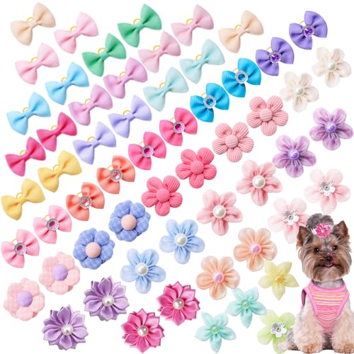 Mruq pet 60pcs Dog Hair Bows with Rubber Bands – Handmade Mix of Bows and Flowers, Small Puppy Grooming Accessories for Yorkie & Tiny Dogs
