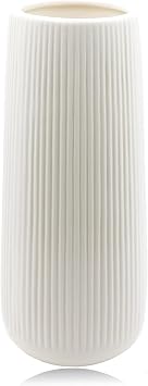 Ceramic Ribbed Vase for Pampas Grass - Boho Deco Modern White Glazed Flower Vase 7.87Inch / 20CM - Decorative for Living Room, Dinner Table, Office, Bedroom